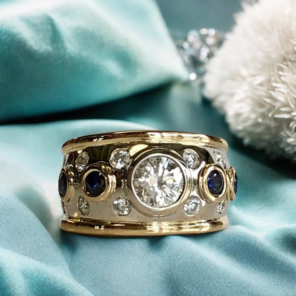 ANEL DE ZIRCÔNIA DOURADO VINTAGE COM INLAY