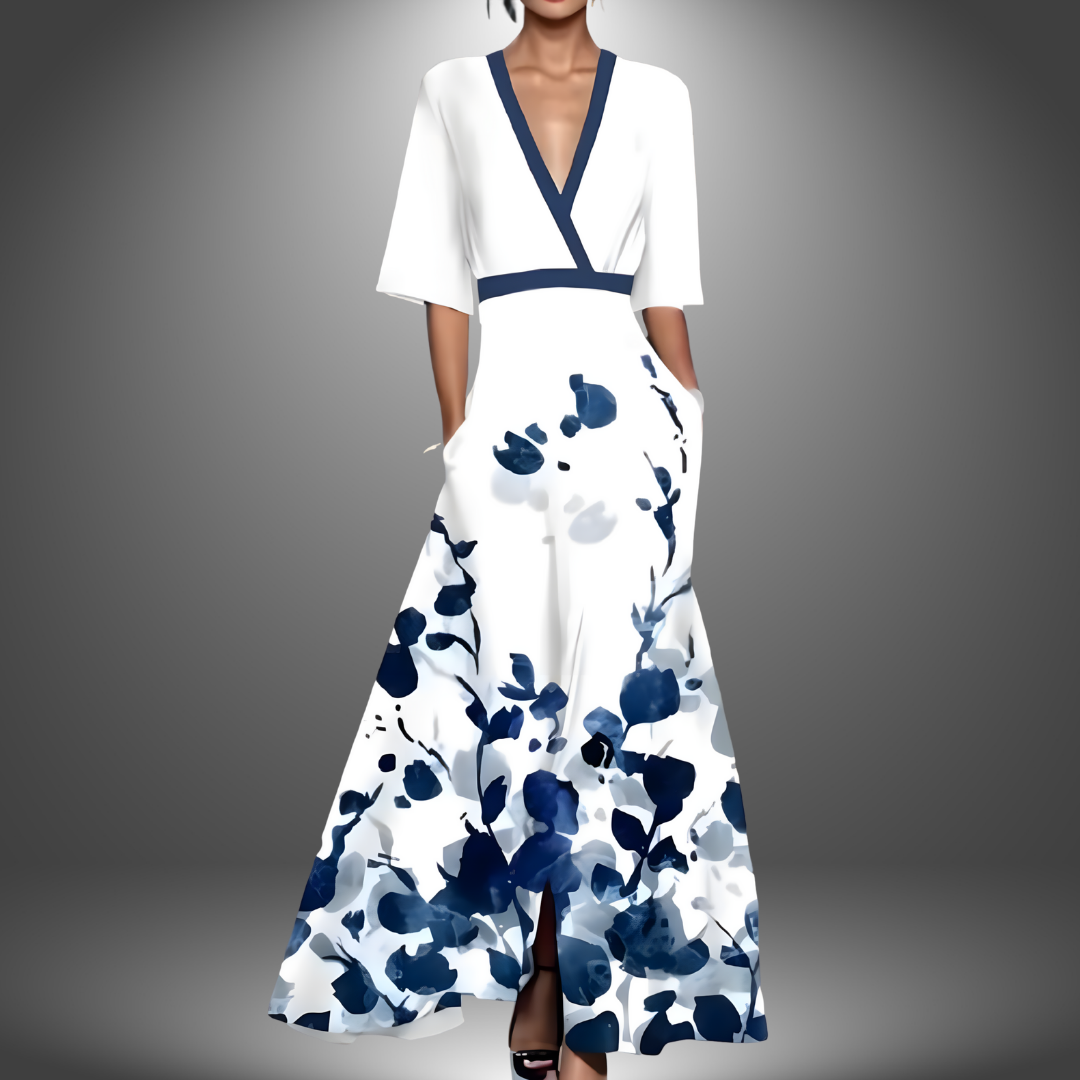 Rhea - Vestido Maxi Estampado com Decote em V Lisonjeiro