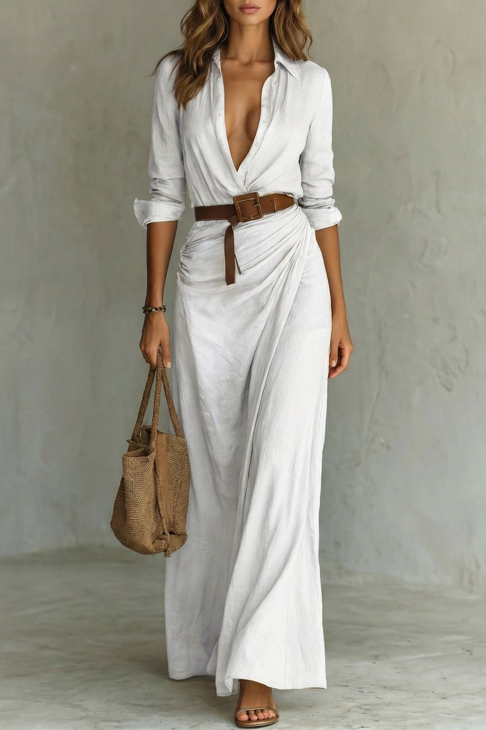 Azura | Vestido Maxi com Cinto e Decote em Botões