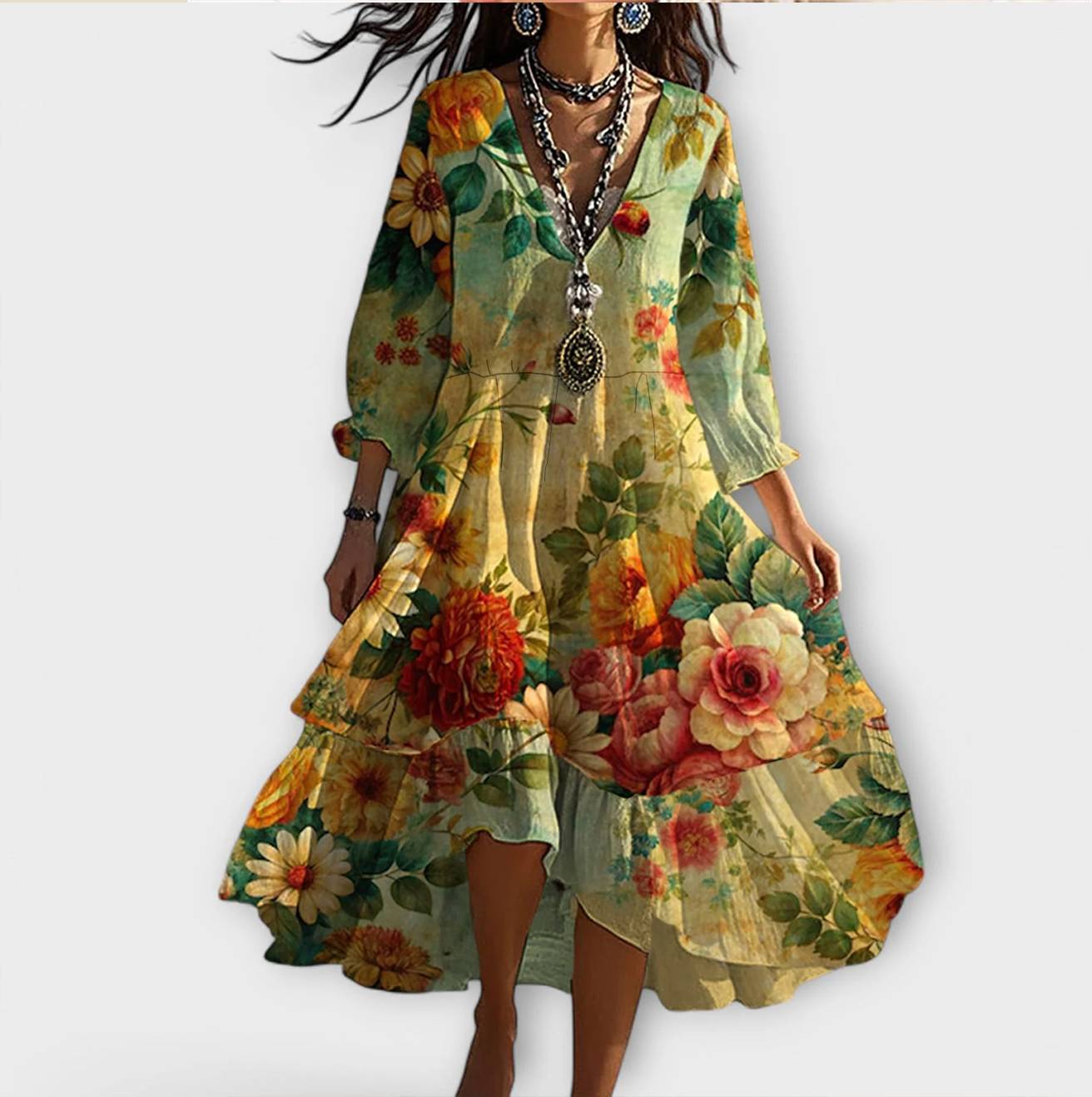 Marina - Vestido Vintage Boho com Estampa de Flores e Decote em V