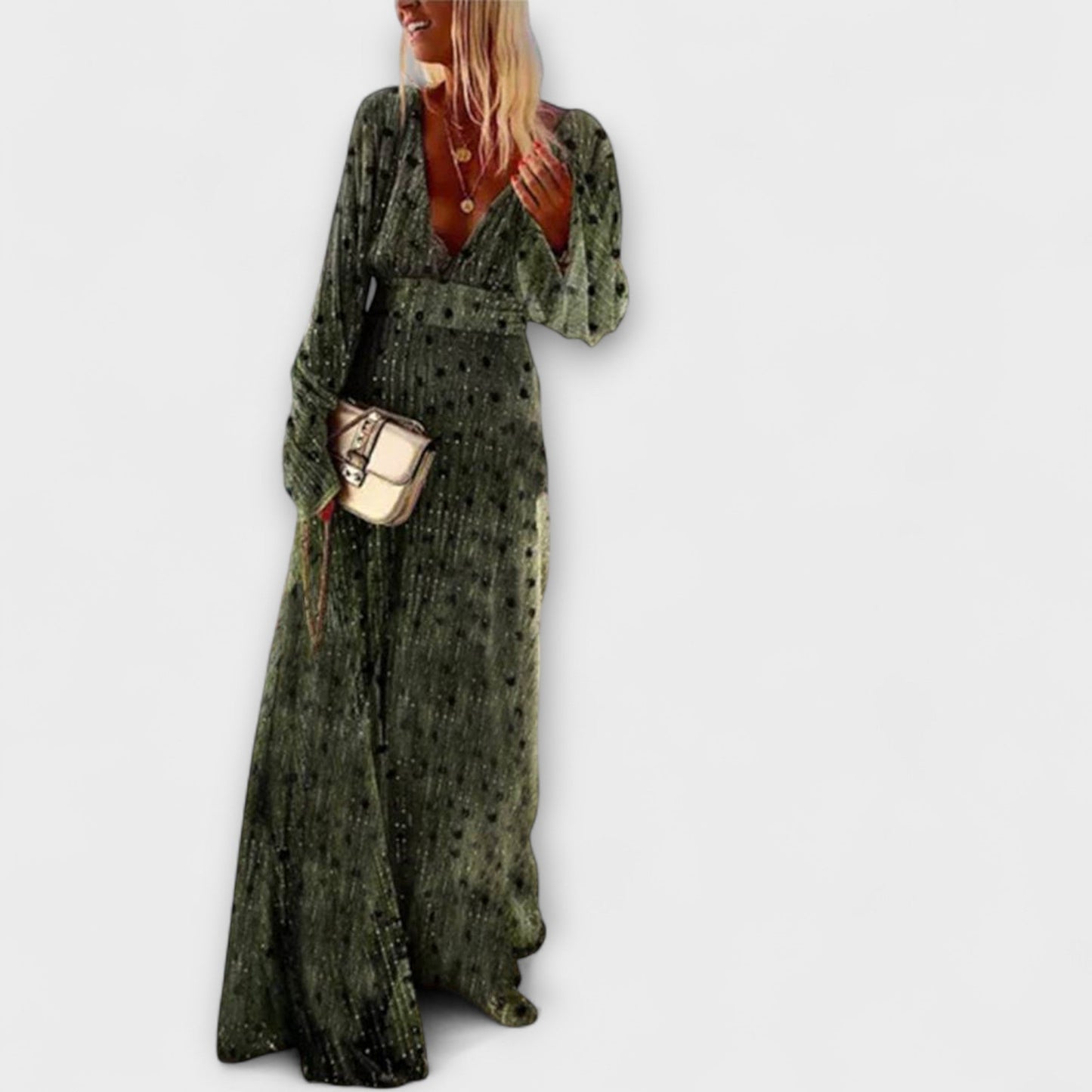 Elegante vestido longo com estampa de bolinhas