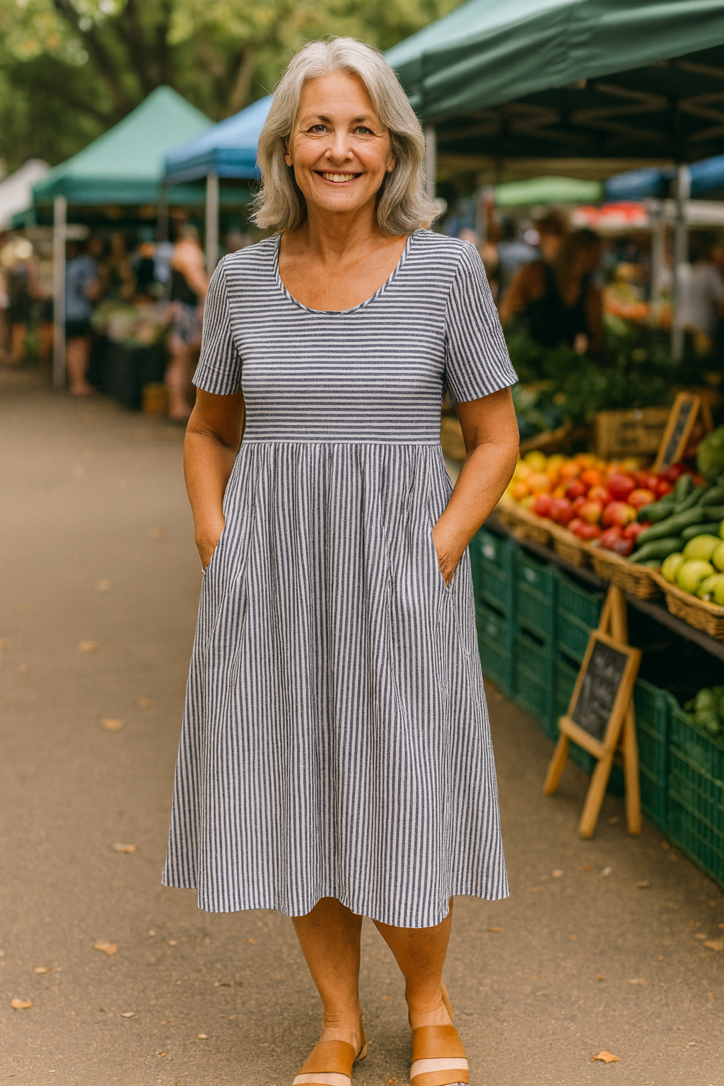 Louise | Vestido Midi Listrado – Conforto Sem Esforço, Confiança Diária