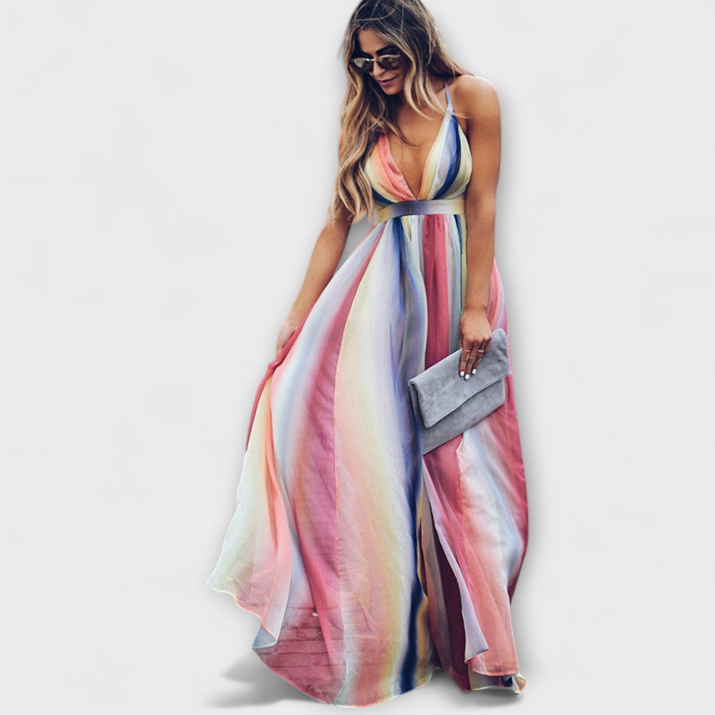 Vestido Feminino Listrado Multicolorido com Decote em V