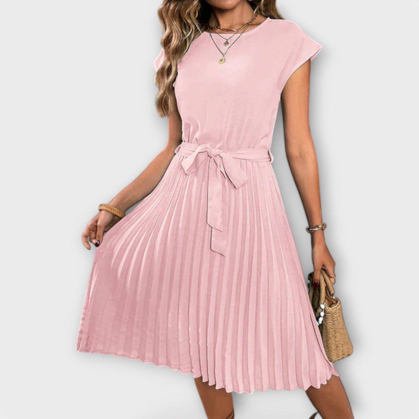 Claire - Vestido Midi Casual de Manga Curta e Plissado