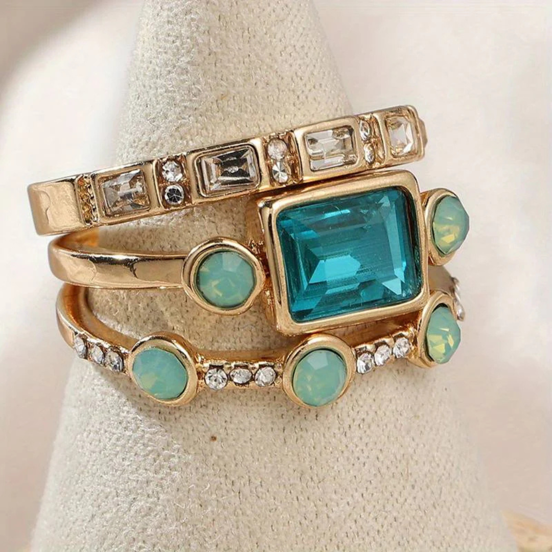 Conjunto Vintage com Anéis de Cristal Azul
