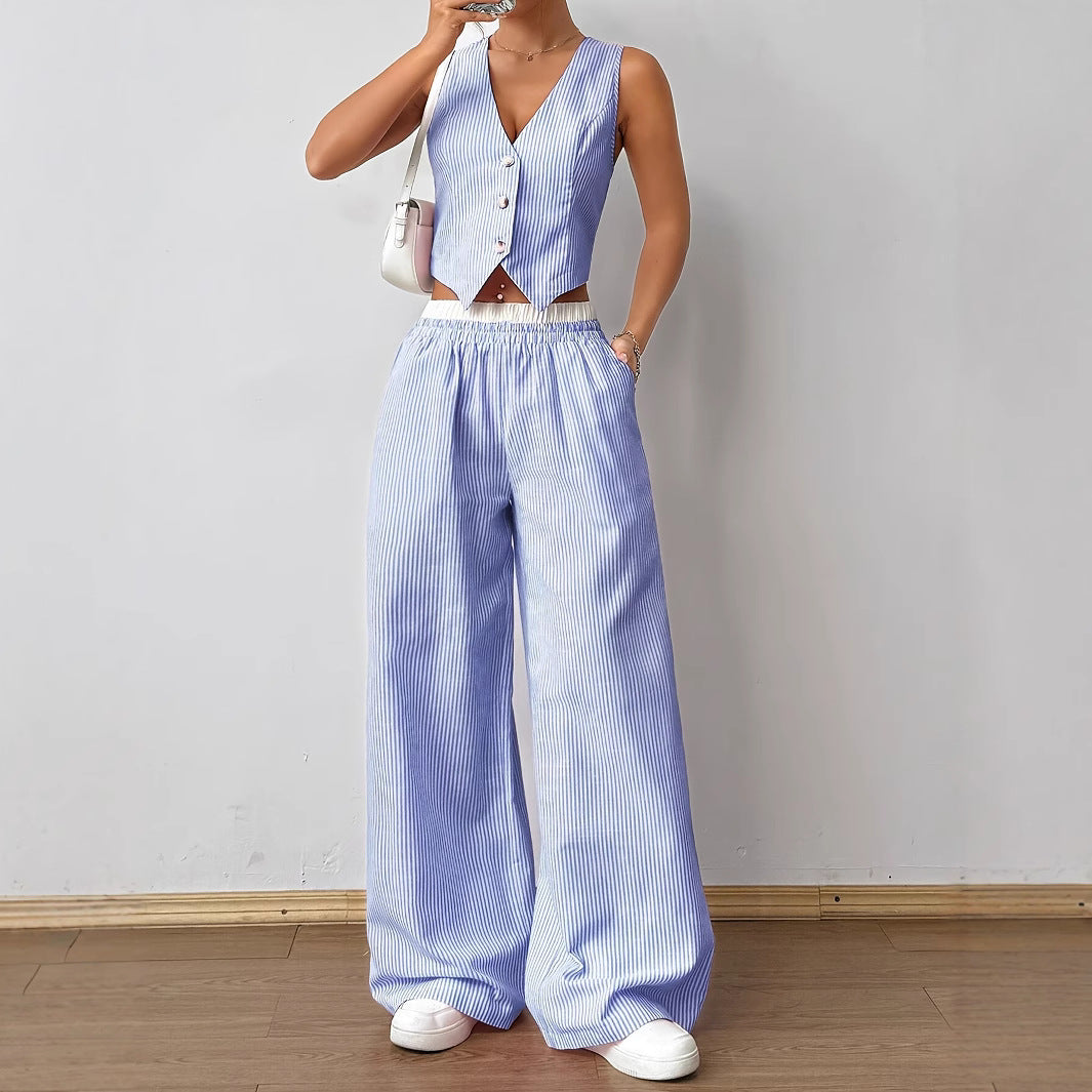 HELENA™ - Conjunto de Top de Alças com Estampa Listrada Elegante e Calças de Perna Larga