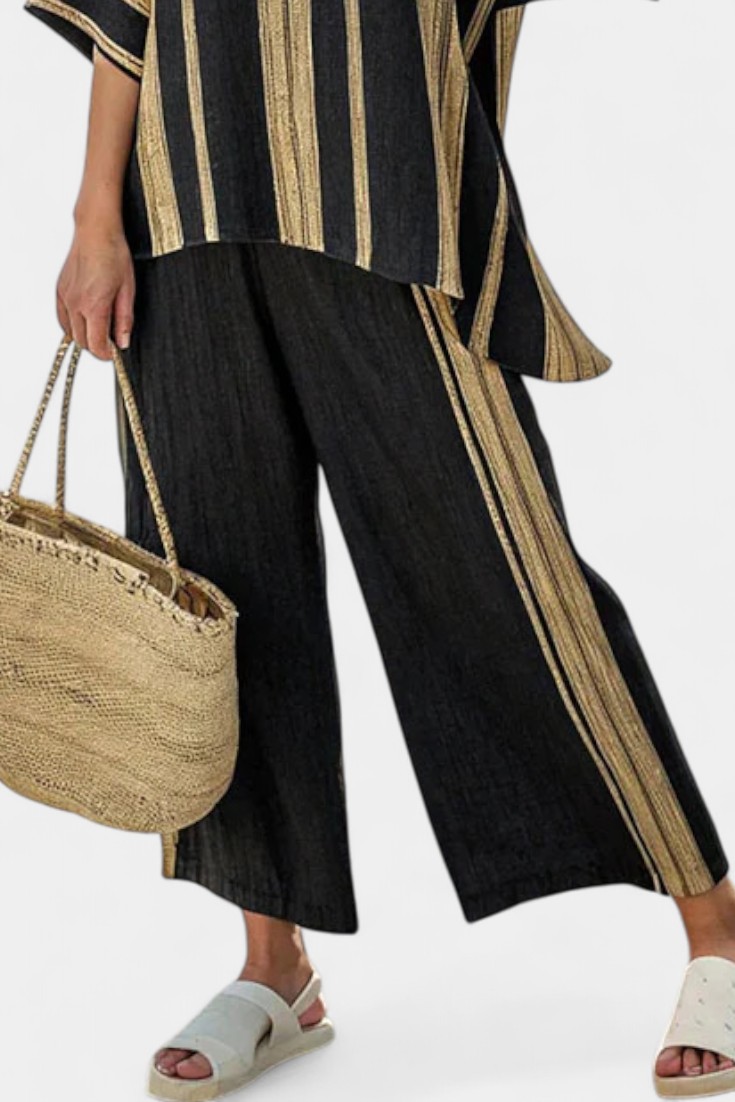 Calden | Conjunto Confortável de Top Listrado Oversized e Calças de Linho Relaxadas