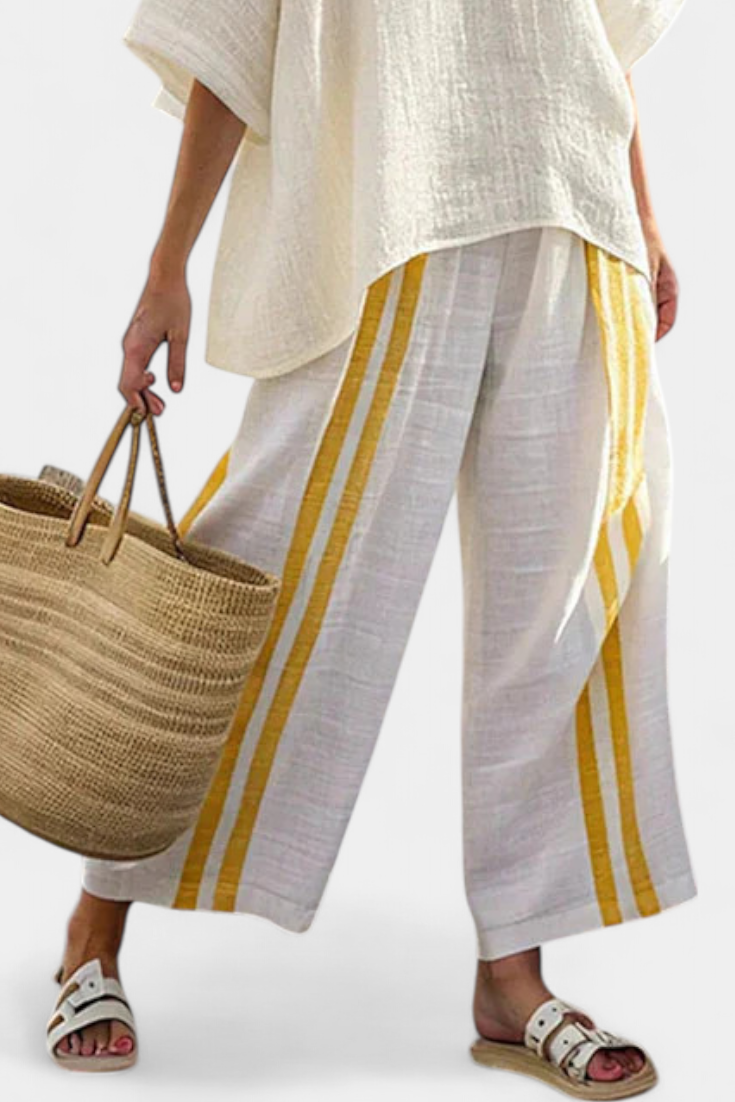 Anselor | Top de Linho Listrado Amarelo Elegante & Calças de Perna Larga