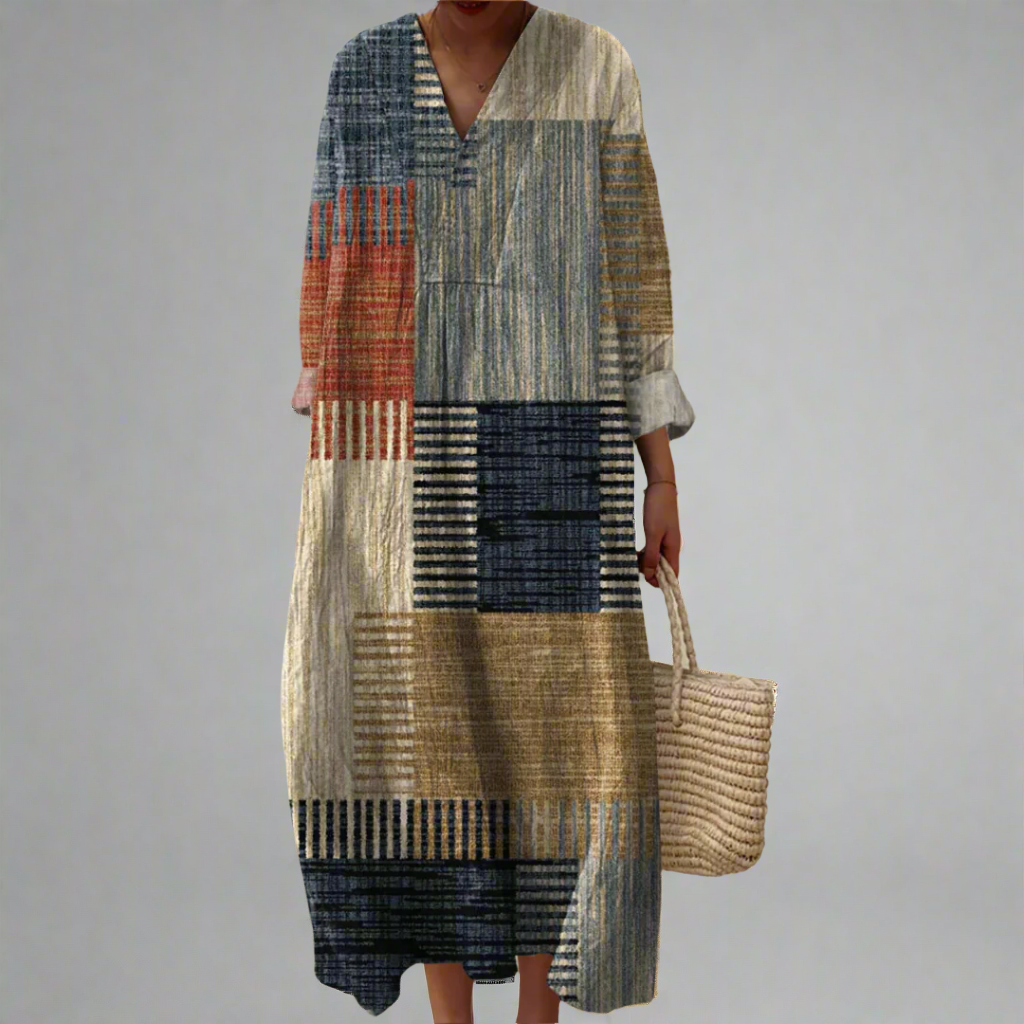 Harriet | Vestido Maxi Relaxado em Patchwork em Tons Terrosos