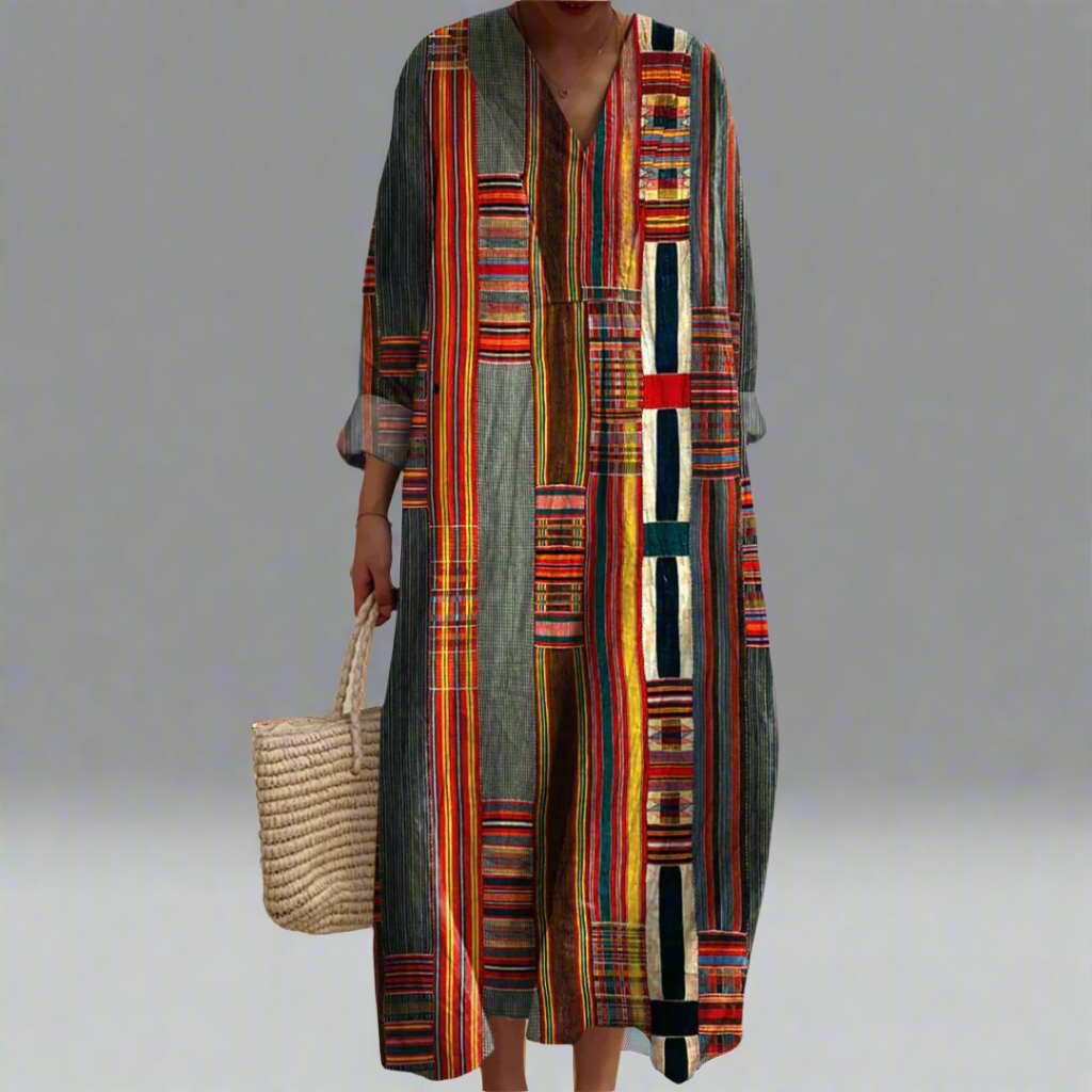 Marianne | Vestido Maxi Boho com Listras Geométricas