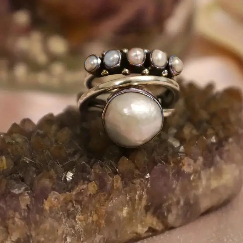Conjunto de Anéis Empilháveis de Pérola Prateada