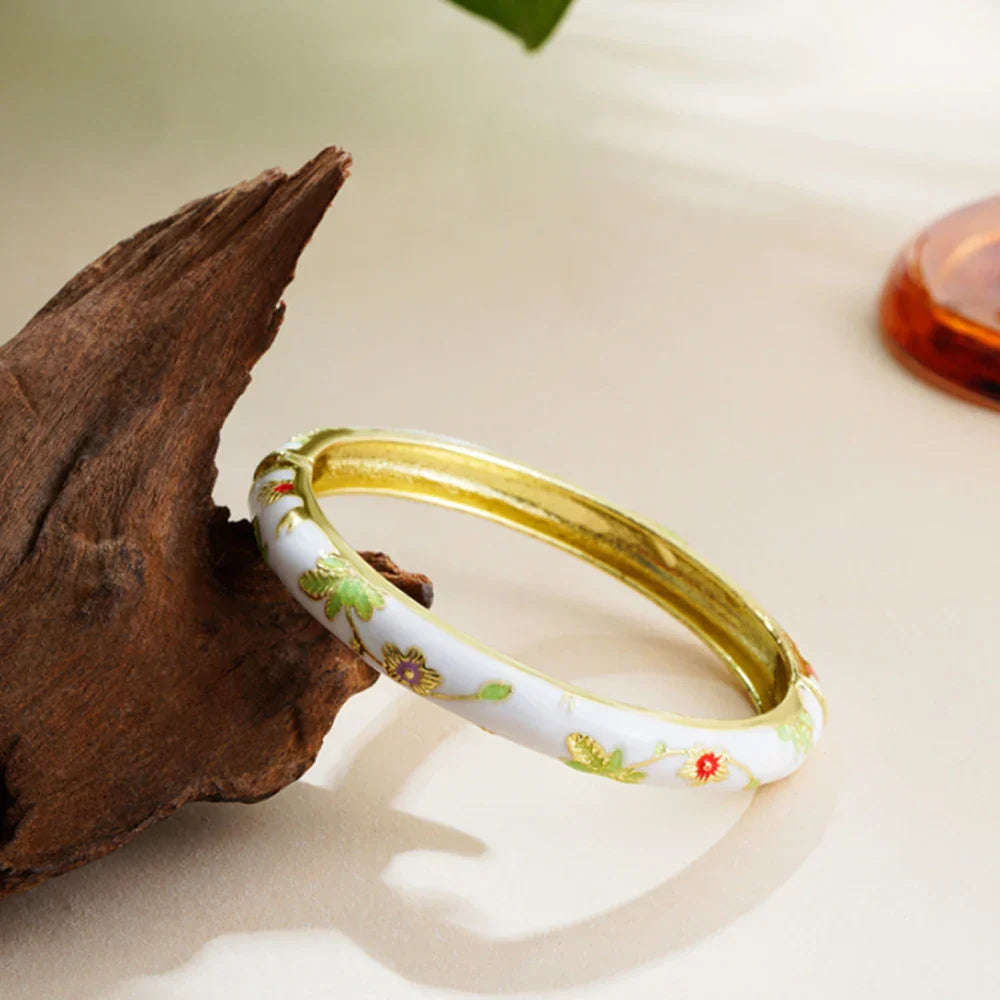 Pulseira Aberta Cloisonné Floral Vintage