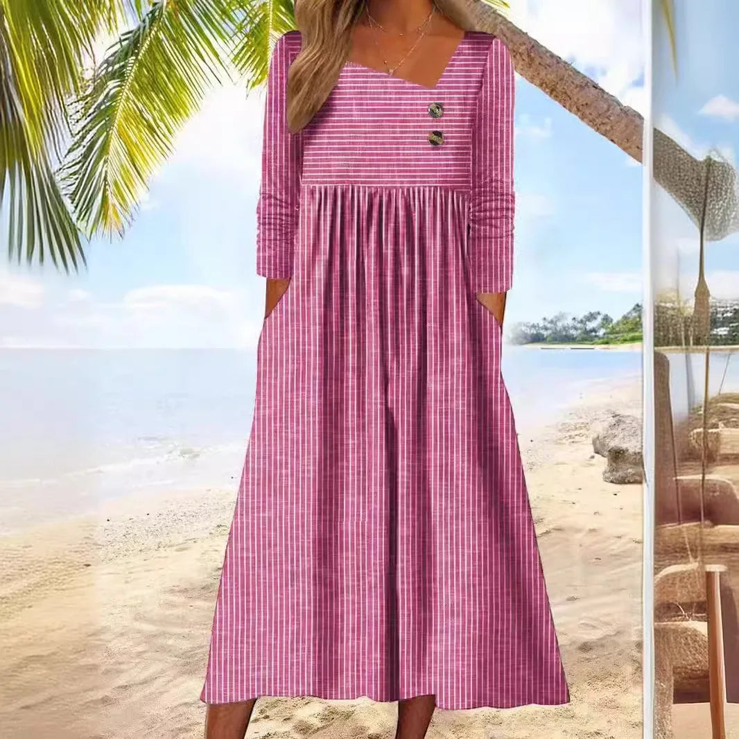 Bella | Vestido Midi de Algodão Listrado com Elegância Descontraída