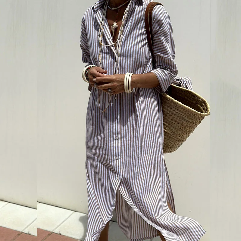 Hazel - Vestido Midi Confortável Listrado Sofisticado