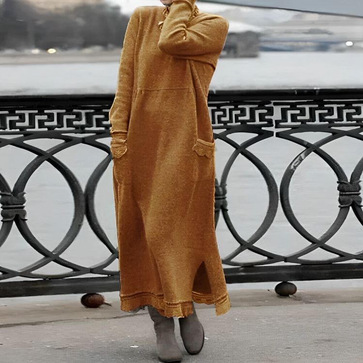 Vestido Maxi Tricot Mara – Vestido de Inverno Oversized com Manga Longa e Confortável