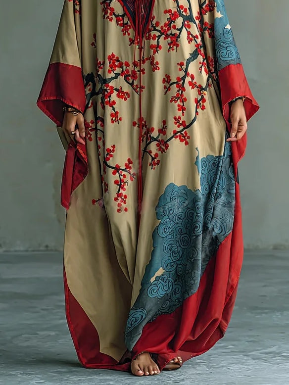 Akira™ – Vestido Maxi de Flor de Ameixa Japonesa com Mangas Morcego e Bolsos