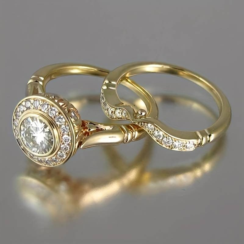 Conjunto de Anéis Retro em Ouro e Zircônia
