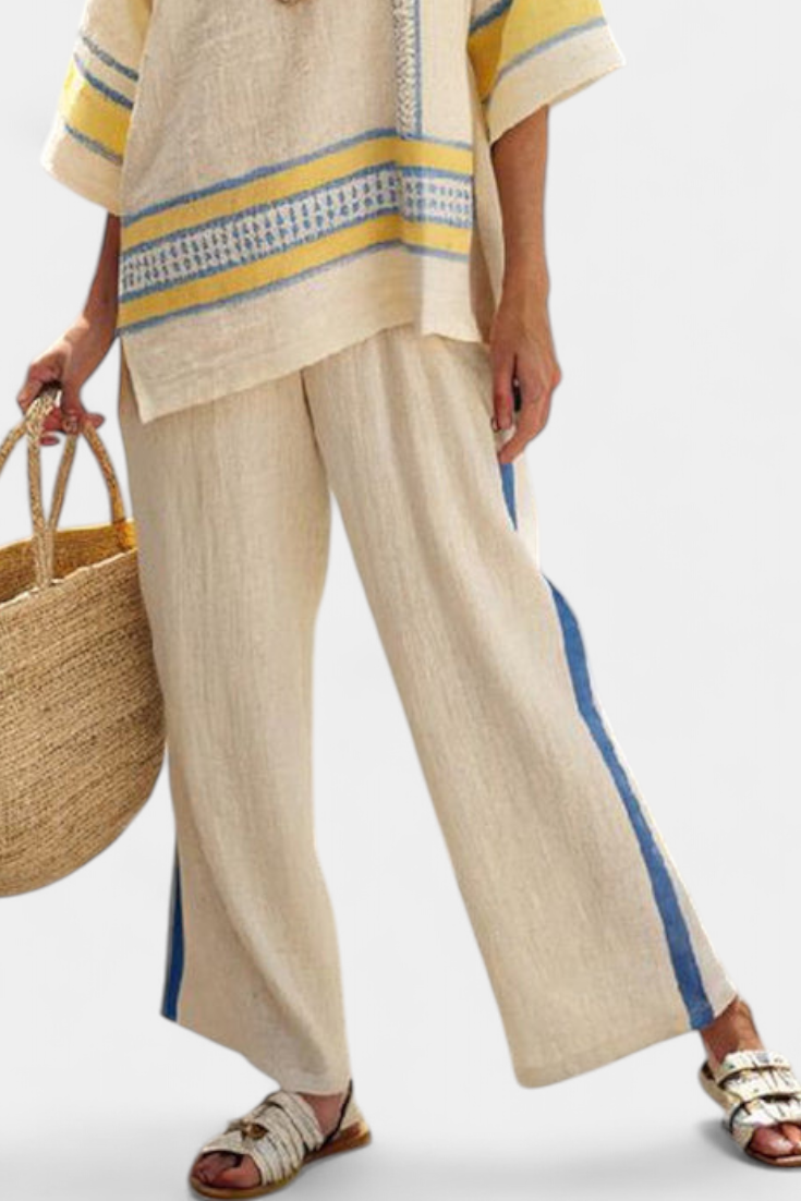 Jaxmere | Conjunto Mediterrâneo Confortável Azul-Amarelo e Calças de Linho