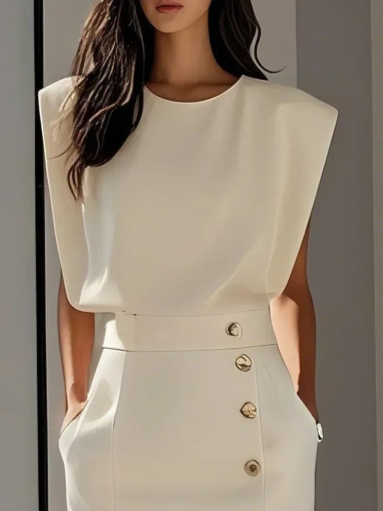Malene™ | Vestido Midi Sólido com Fenda e Decote Redondo