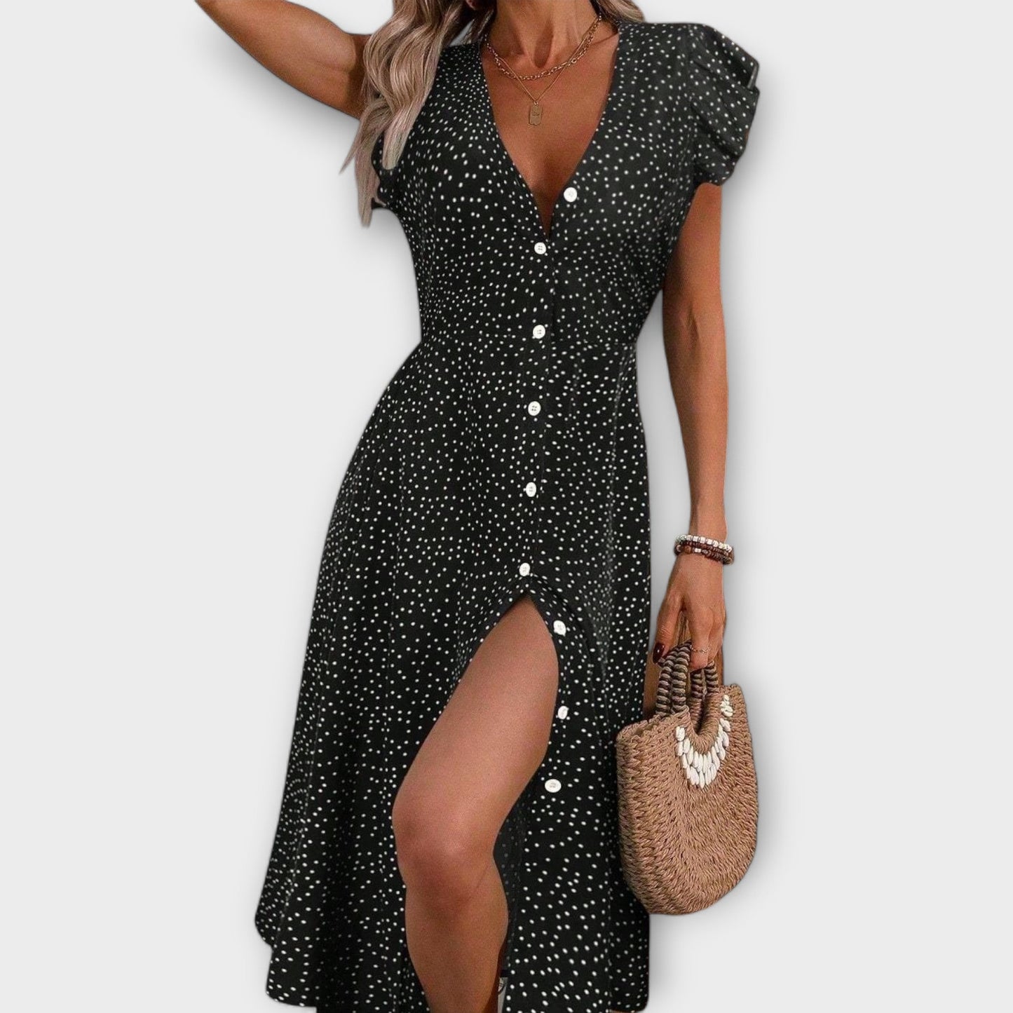Vestido midi chique com bolinhas