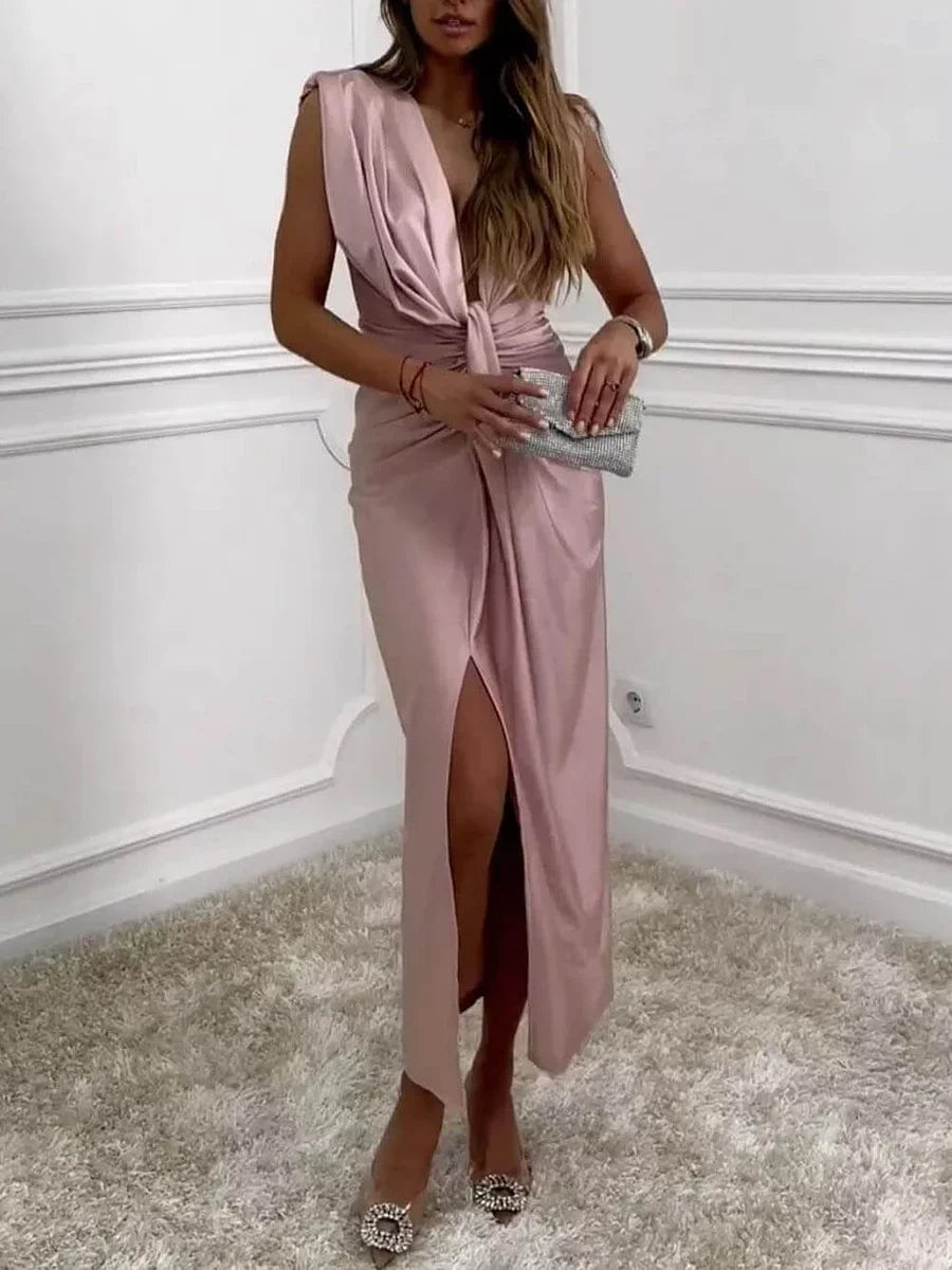 Jolira - Vestido Midi Clássico com Fenda Drapejada