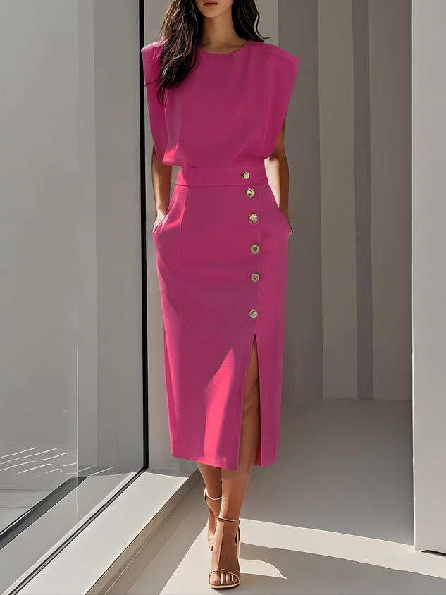 Malene™ | Vestido Midi Sólido com Fenda e Decote Redondo