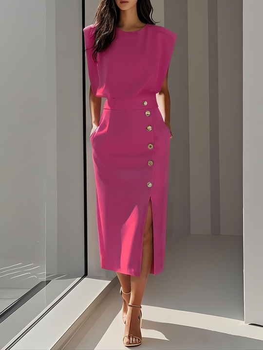 Malene™ | Vestido Midi Sólido com Fenda e Decote Redondo