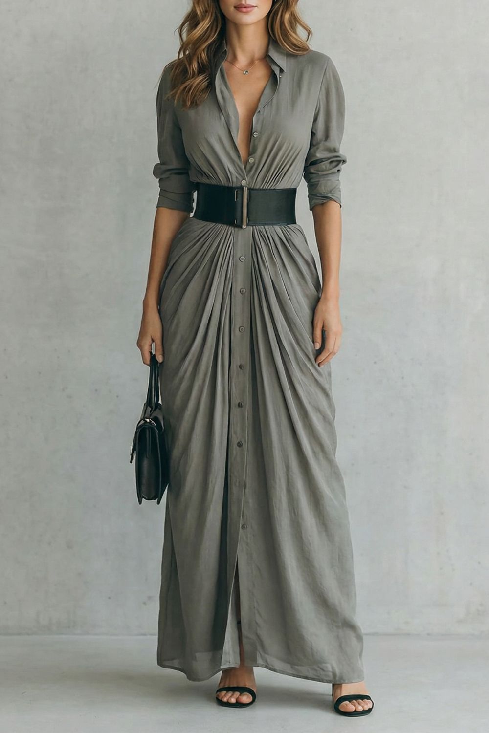 Solenzia | Vestido Maxi Drapê com Botões