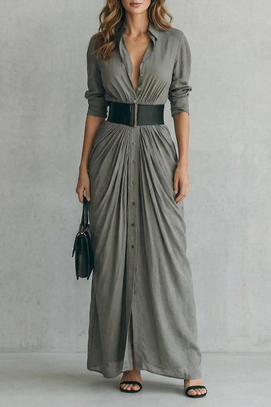 Solenzia | Vestido Maxi Drapê com Botões