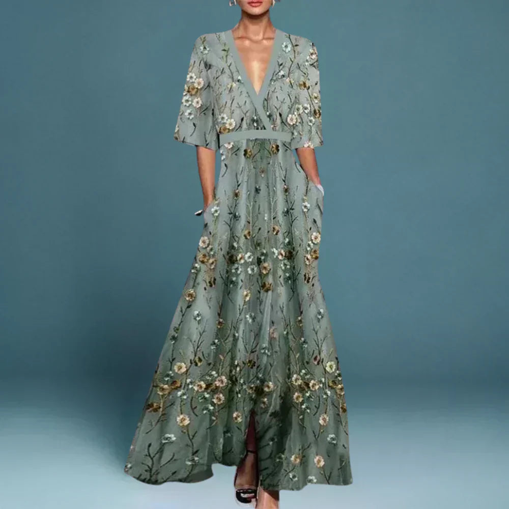 Hazel - Vestido Maxi Floral com Cinto e Decote em V