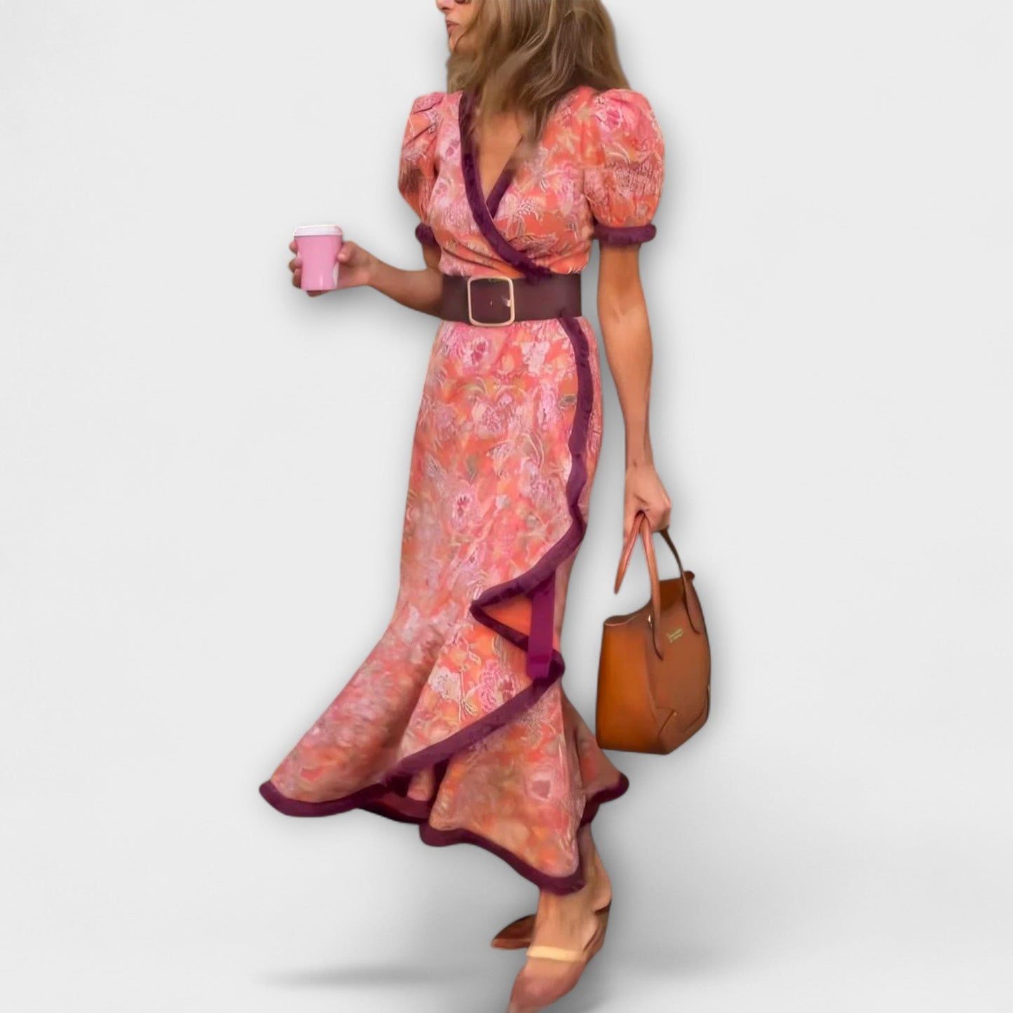 Elegante Vestido Maxi Rosa com Mangas Curtas
