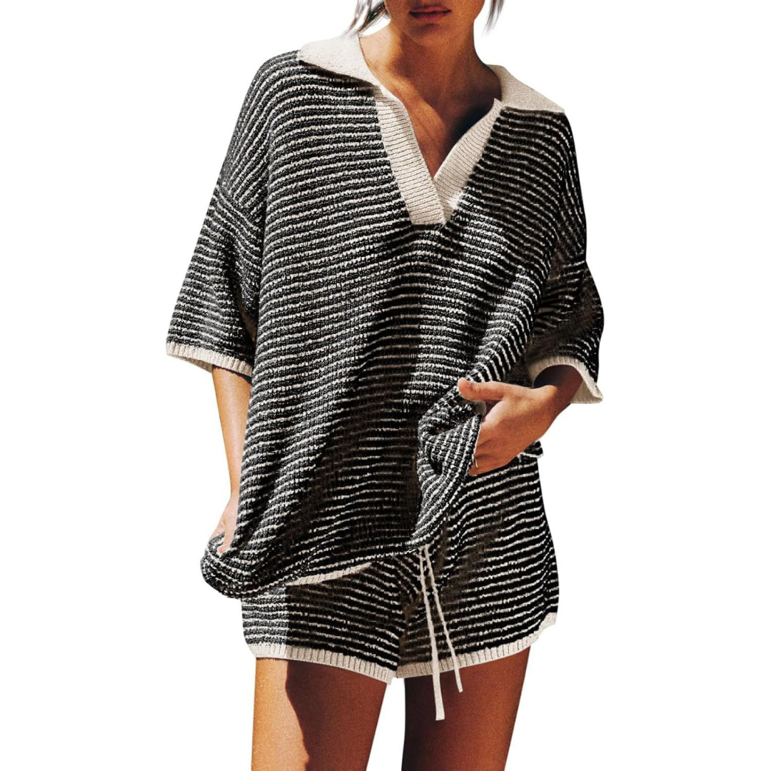 CONNY™ – Conjunto de Verão Casual de Malha Listrada em Duas Peças