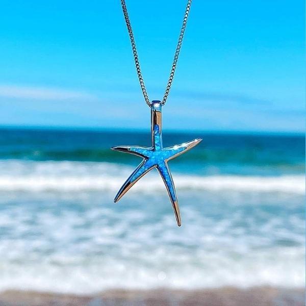 Colar de Opala Azul e Estrela do Mar de Prata