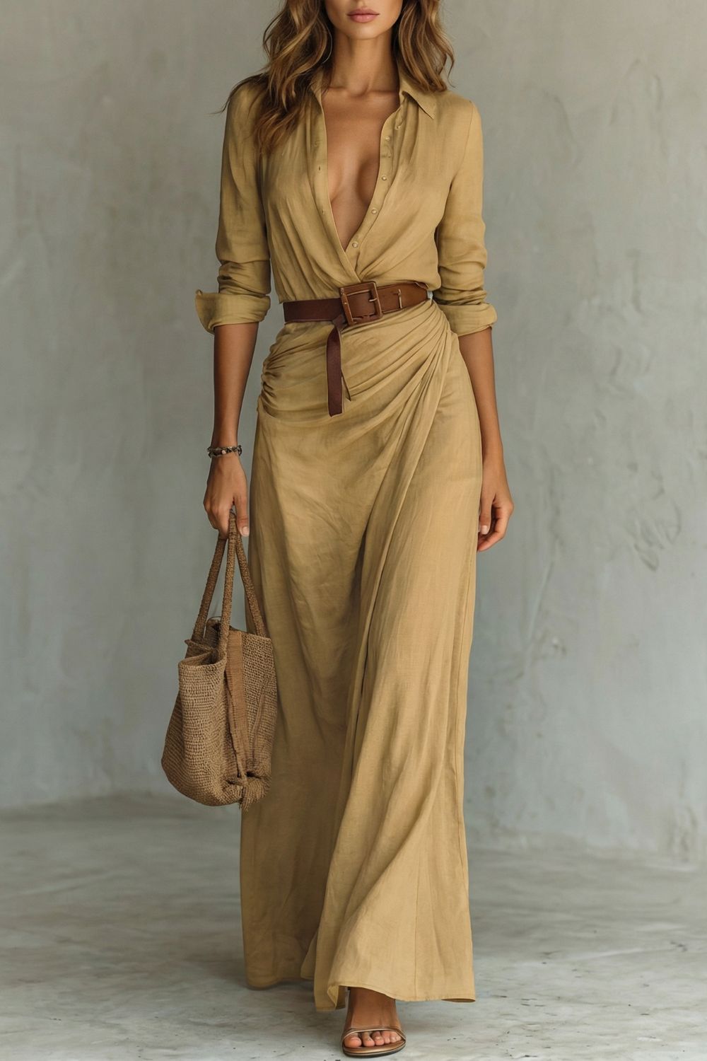 Azura | Vestido Maxi com Cinto e Decote em Botões