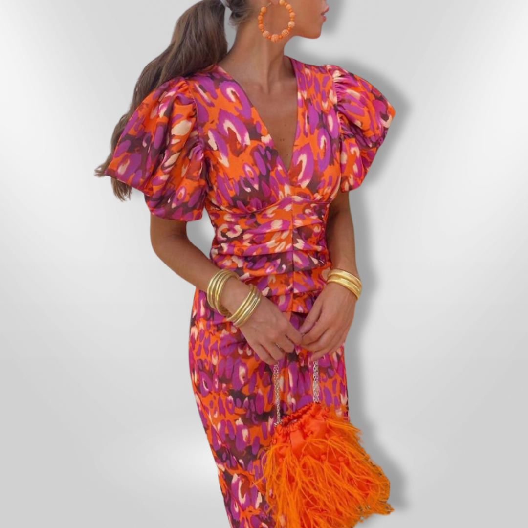 Arielle | Vestido Colorido com Mangas Plissadas