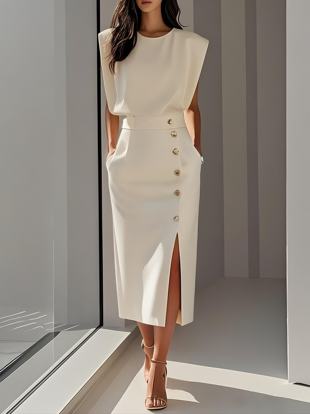 Malene™ | Vestido Midi Sólido com Fenda e Decote Redondo