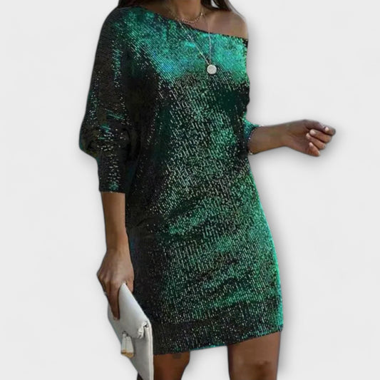 Vestido de festa com paetês e contraste