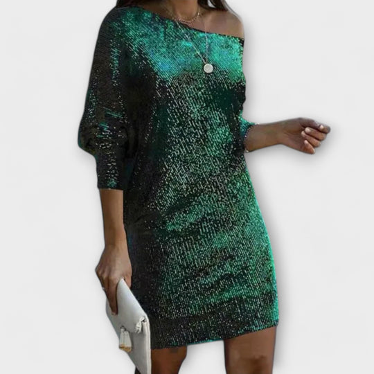 Vestido de festa com paetês e contraste