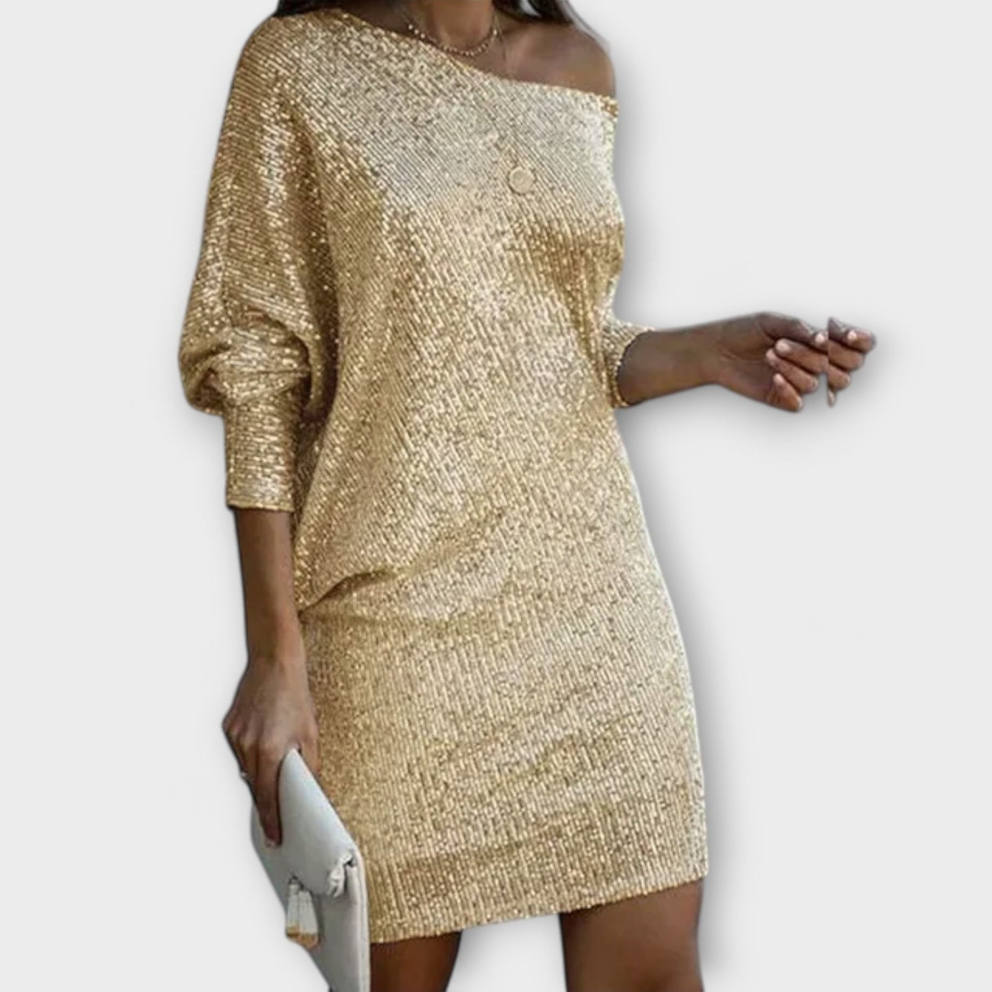 Vestido de festa com paetês e contraste