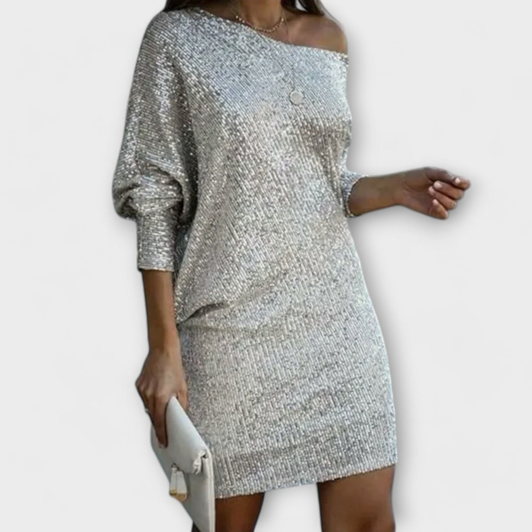 Vestido de festa com paetês e contraste