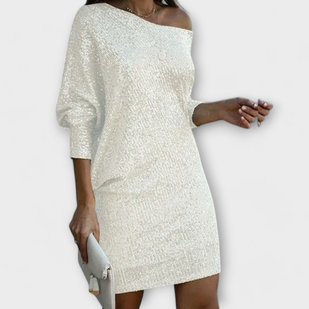 Vestido de festa com paetês e contraste