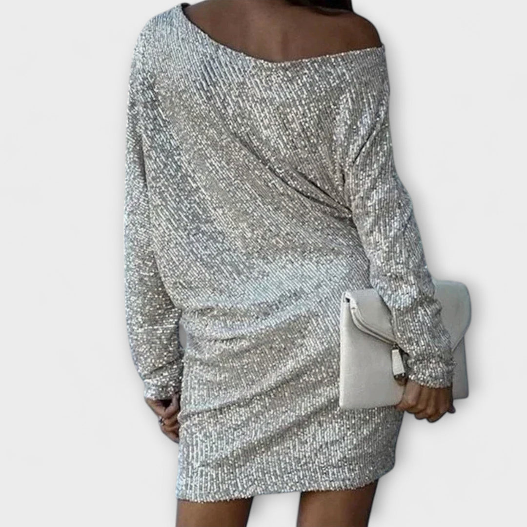 Vestido de festa com paetês e contraste