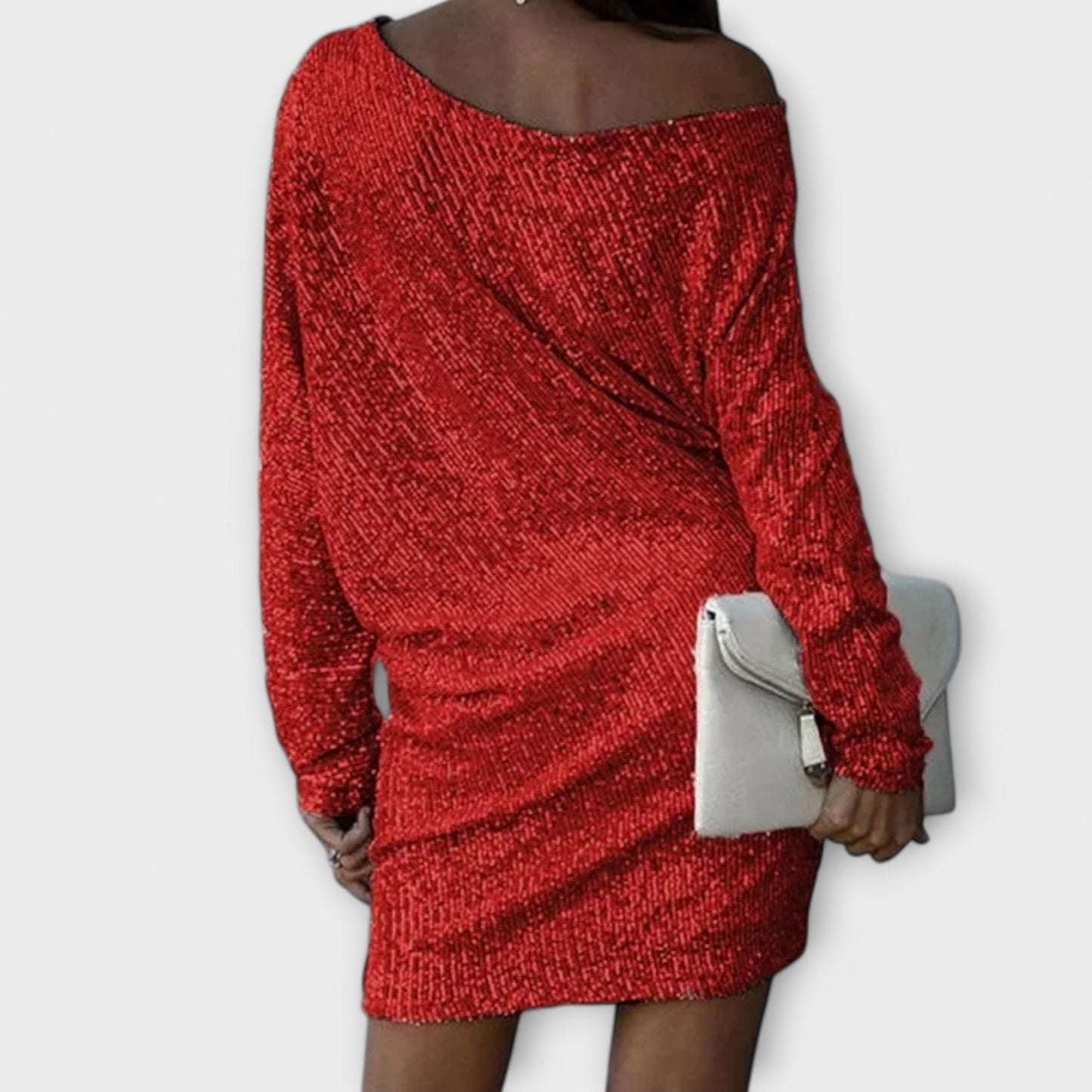 Vestido de festa com paetês e contraste