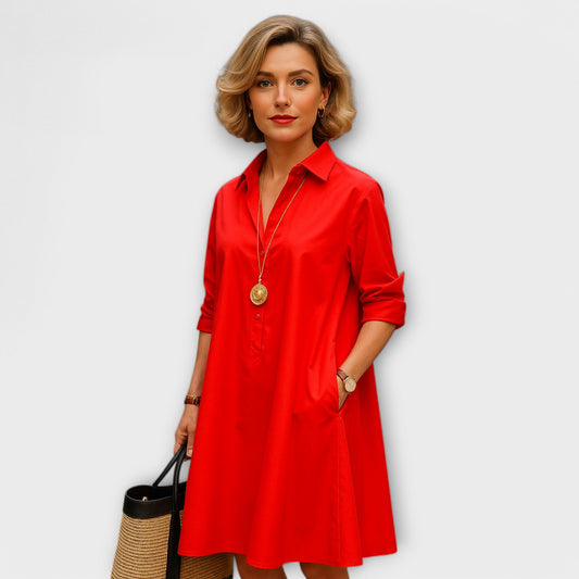 Vestido Camisa Moderno com Gola e Mangas Três Quartos