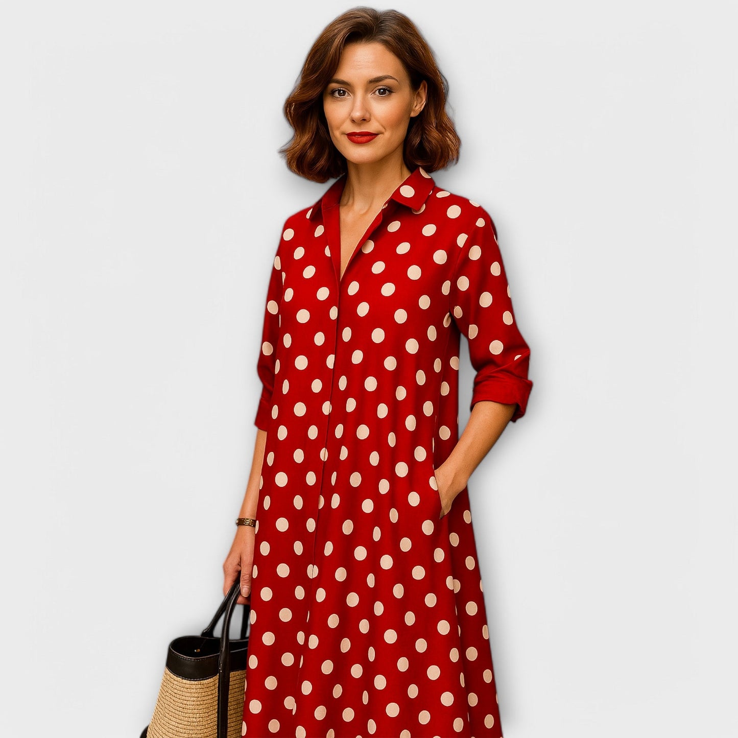 Vestido Camisa Moderno com Gola e Mangas Três Quartos