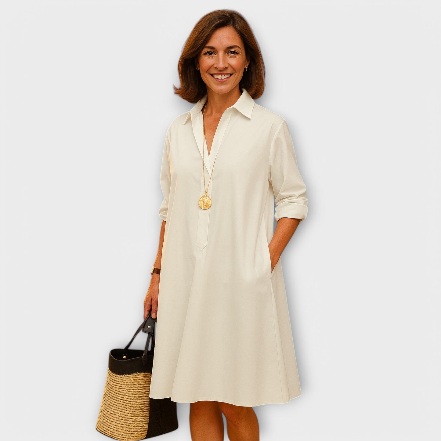 Vestido Camisa Moderno com Gola e Mangas Três Quartos