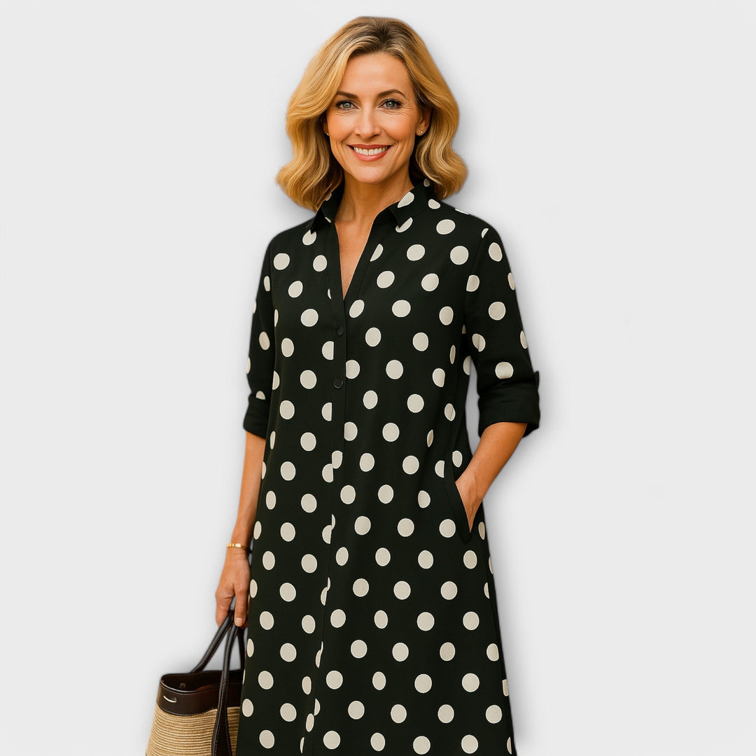Vestido Camisa Moderno com Gola e Mangas Três Quartos