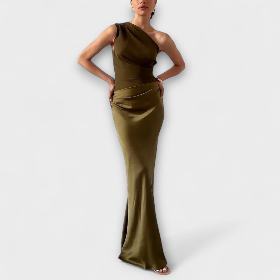 Elegante Vestido Maxi de Um Ombro com Pregas