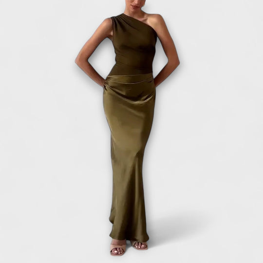 Elegante Vestido Maxi de Um Ombro com Pregas