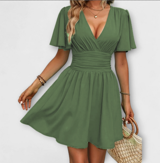 Winslet - Vestido com cintura franzida e decote em V